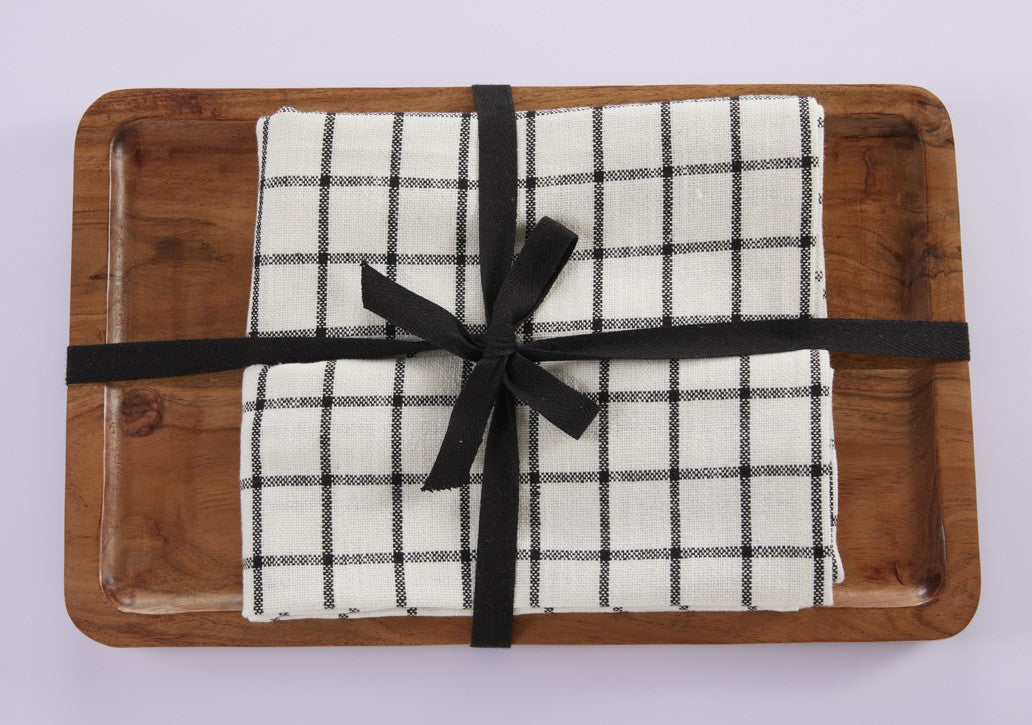 Kitchen Towel With Wooden Tray - 100 % Cotton Checks - Ivory / Black